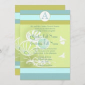 Aqua Blue Flowers and Bees Wedding Invitation Kaart (Voorkant / Achterkant)