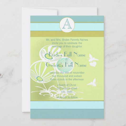 Aqua Blue Flowers and Bees Wedding Invitation Kaart (Voorkant)