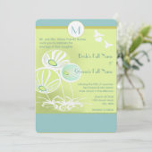 Aqua Blue Flowers and Bees Wedding Invitation Kaart (Staand voorkant)