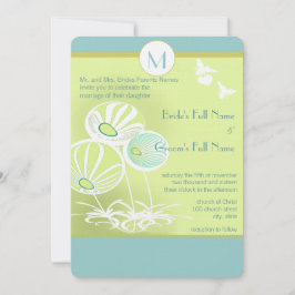 Aqua Blue Flowers and Bees Wedding Invitation Kaart