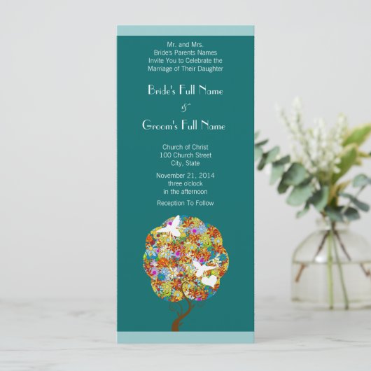 Aqua Blue Flowers and Bees Wedding Invitation Kaart (Staand voorkant)