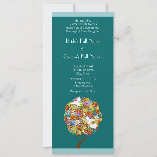 Aqua Blue Flowers and Bees Wedding Invitation Kaart (Voorkant)