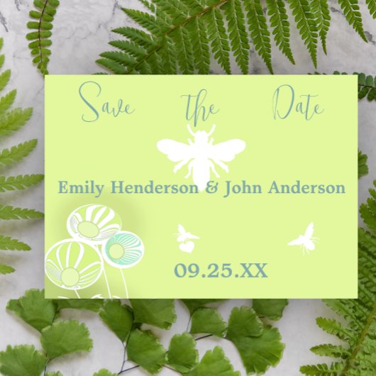 Aqua Blue Flowers and Bees Wedding Invitation Save The Date