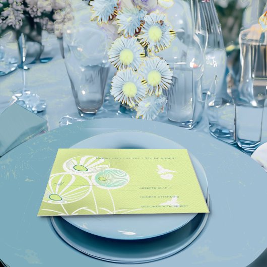 Aqua Blue Flowers and Bees Wedding Response RSVP Kaartje
