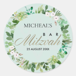 AQUA BLUE FOLIAGE WREATH STAR BAR BAT MITZVAH RONDE STICKER