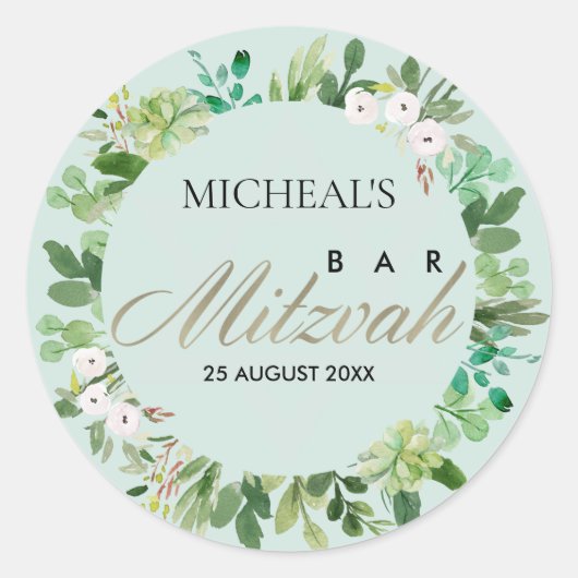 AQUA BLUE FOLIAGE WREATH STAR BAR BAT MITZVAH RONDE STICKER (Voorkant)