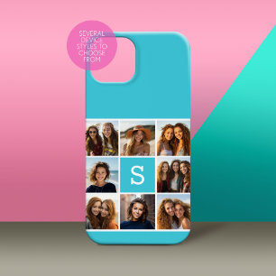 Aqua Blue Fotocollage op maat met monogram iPhone 15 Case