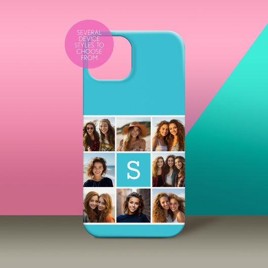 Aqua Blue Fotocollage op maat met monogram Case-Mate iPhone Case