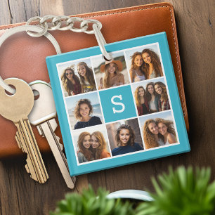 Aqua Blue Fotocollage op maat met monogram Sleutelhanger