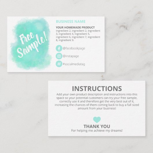 Aqua Blue Free Sample Ingredients Instructions Visitekaartje (Voorkant / Achterkant)