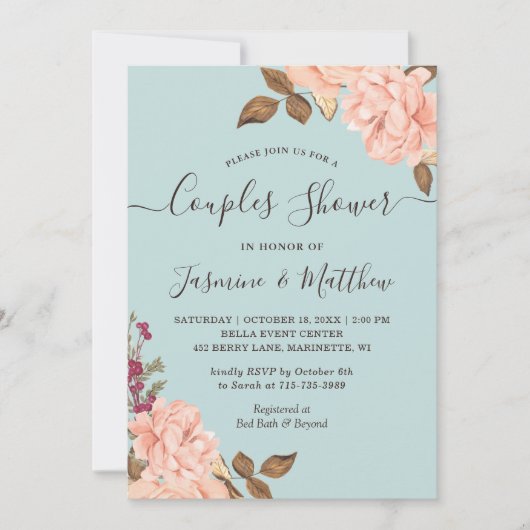 Aqua Blue ft. Blush Bloemen Trouwkoppels Douche Kaart (Voorkant)