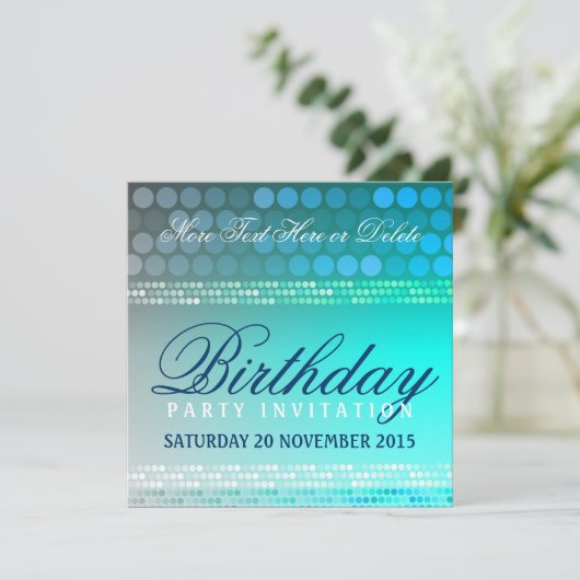 Aqua Blue Funky Dance Party Verjaardagsuitnodiging Kaart (Staand voorkant)