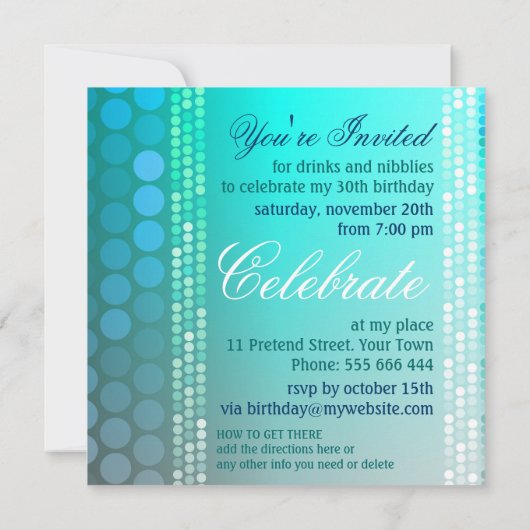 Aqua Blue Funky Dance Party Verjaardagsuitnodiging Kaart (Achterkant)