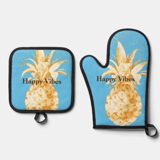 Aqua Blue Geel Gouden Ananas Ovenwant & Pannenlap Set (Voorkant)