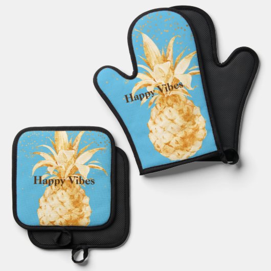 Aqua Blue Geel Gouden Ananas Ovenwant & Pannenlap Set (Voorkant / Achterkant)