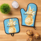 Aqua Blue Geel Gouden Ananas Ovenwant & Pannenlap Set (Top down)