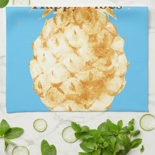 Aqua Blue Geel Gouden Ananas Theedoek (Gevouwen)