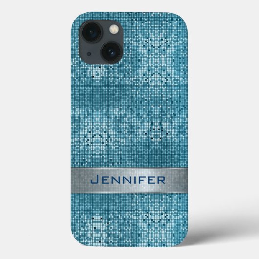 Aqua Blue Geometric Glitter Pattern Monogram Case-Mate iPhone Case (Achterkant)