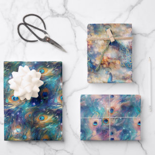 Aqua Blue geschilderde pauwenveren Inpakpapier Vel