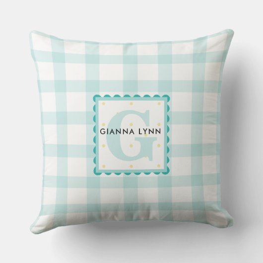 Aqua Blue Gingham  monogram Kussen (Achterkant)