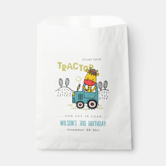 Aqua Blue Giraffe in Boerderij Tractor Boys Verjaa Bedankzakje (Voorkant)