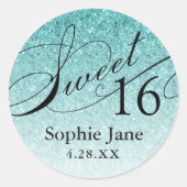 Aqua Blue Glam Glitter Sweet 16 Persoonlijk Ronde Sticker (Voorkant)