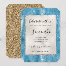 Aqua Blue Glam Glitter Tropische Bladeren Kaart