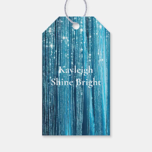 Aqua Blue Glam Tinsel Stripes Cadeaulabel (Voorkant)