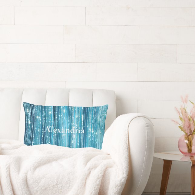 Aqua Blue Glam Tinsel Stripes Kussen (Bank)