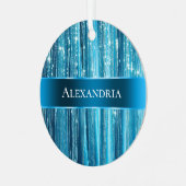 Aqua Blue Glam Tinsel Stripes Metalen Ornament (Voorkant links)