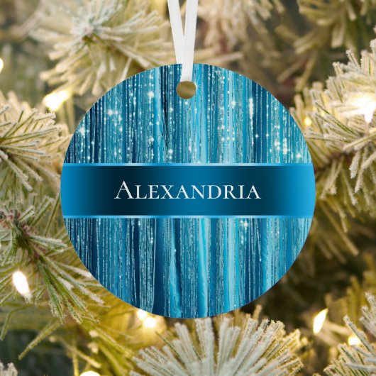 Aqua Blue Glam Tinsel Stripes Metalen Ornament (Insitu)
