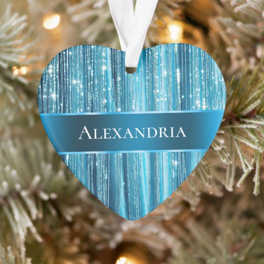 Aqua Blue Glam Tinsel Stripes Ornament (Boom)