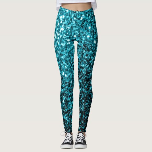Aqua blue glanzend glitter leggings (Voorkant)