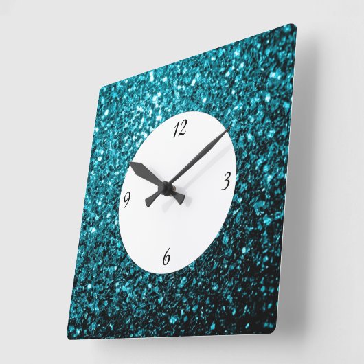 Aqua blue glanzend glitter vierkante klok (Hoek)