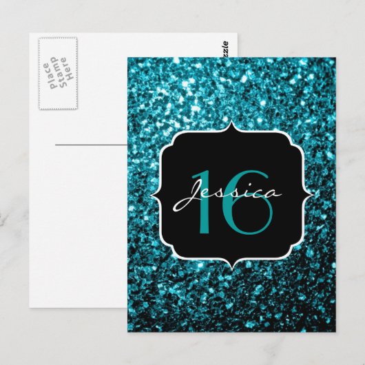 Aqua blue glanzende faux glitter sparkles Sweet 16 Briefkaart (Voorkant / Achterkant)