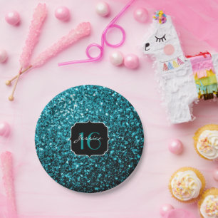 Aqua blue glanzende faux glitter sparkles Sweet 16 Papieren Bordje