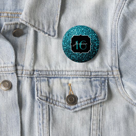 Aqua blue glanzende faux glitter sparkles Sweet 16 Ronde Button 5,7 Cm (In situ)