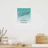 Aqua Blue Glitter Celebrate Custom Welkom Poster (Keuken)