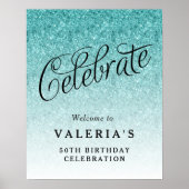Aqua Blue Glitter Celebrate Custom Welkom Poster (Voorkant)