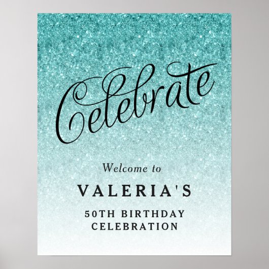 Aqua Blue Glitter Celebrate Custom Welkom Poster (Voorkant)