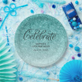 Aqua Blue Glitter Celebrate Gepersonaliseerd Papieren Bordje (Feest)