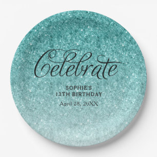 Aqua Blue Glitter Celebrate - Gepersonaliseerd Papieren Bordje