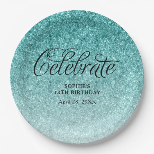 Aqua Blue Glitter Celebrate Gepersonaliseerd Papieren Bordje (Voorkant)