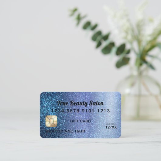Aqua Blue Glitter Credit Kaart Cadeaubon Visitekaartje (Staand voorkant)