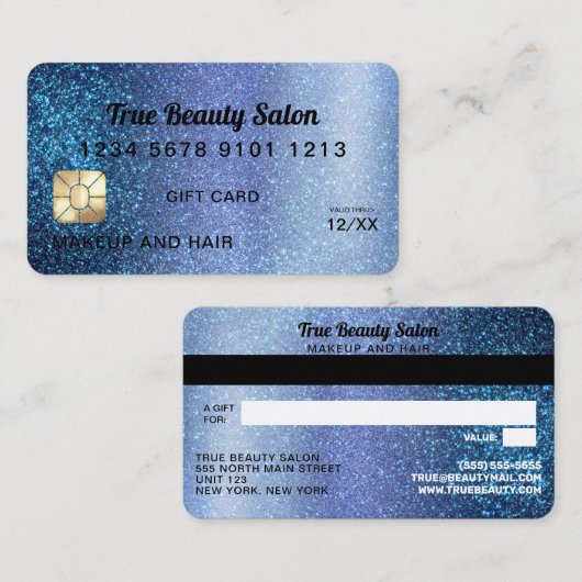 Aqua Blue Glitter Credit Kaart Cadeaubon Visitekaartje (Voorkant / Achterkant)