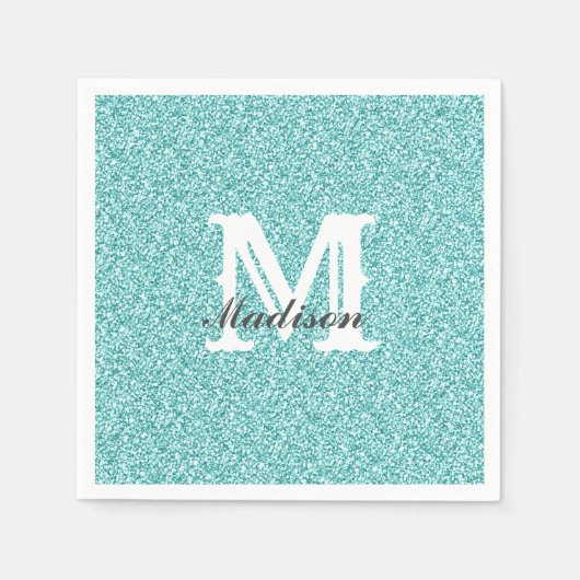 Aqua Blue Glitter en Sparkle Monogram Napkin Servet (Voorkant)