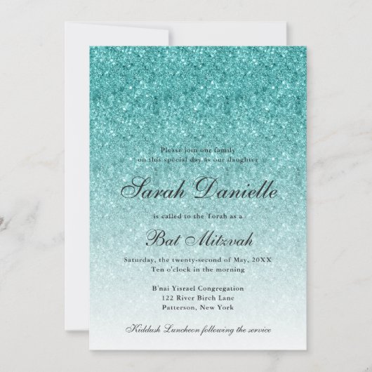Aqua Blue Glitter Glam Bat Mitzvah Kaart (Voorkant)