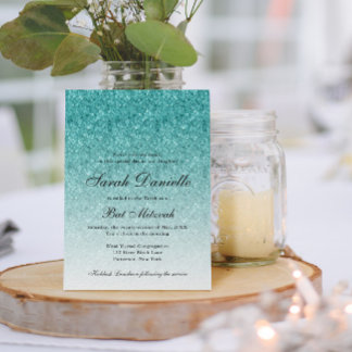 Aqua Blue Glitter Glam Bat Mitzvah Kaart