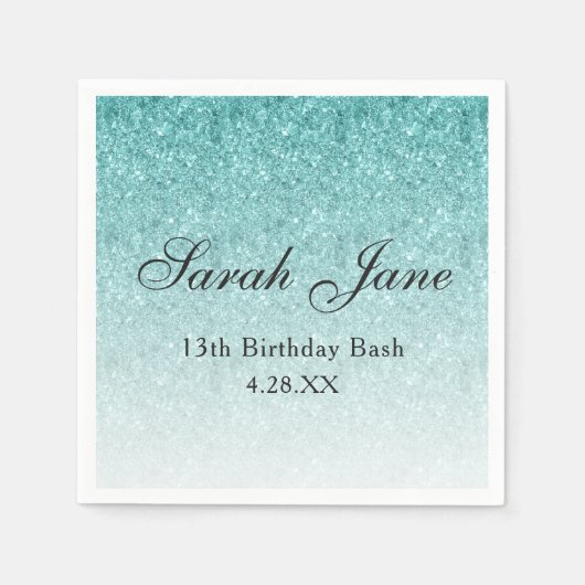 Aqua Blue Glitter Glam gepersonaliseerd Servet (Voorkant)