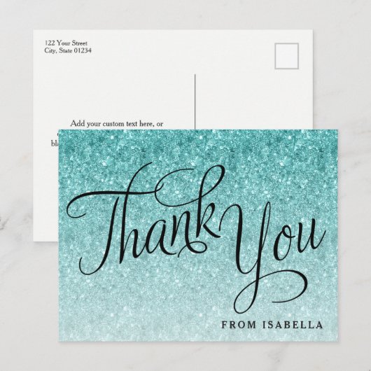 Aqua Blue Glitter Persoonlijk Bedankt Briefkaart (Voorkant / Achterkant)